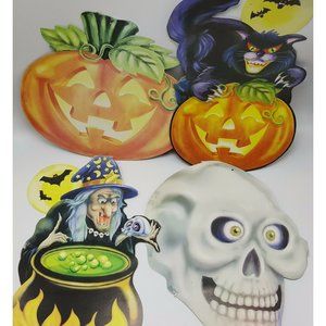 Halloween Cut Out Decoration Die 2 Sided Lot 4 Skeleton Black Cat Witch Wall